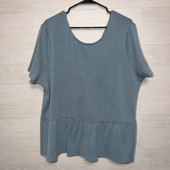 Arula Blue Ribbed Peplum Top Size 1X 14/16 Short Sleeve Stretch Knit Blouse - Picture 2 of 7